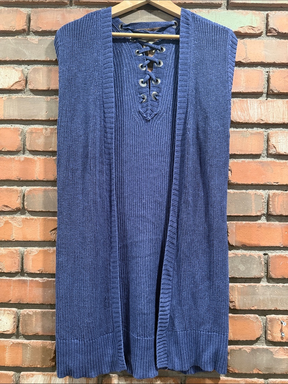 Sleeveless Lace-Up Knit Duster Vest in Blue